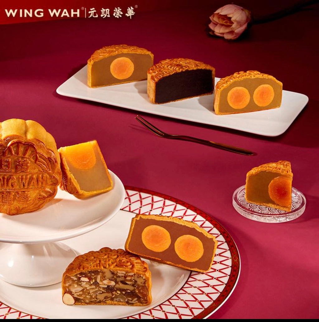 老字号品牌香港荣华 Wing Wah「双黄五仁月饼」，规格 740g / 26oz，4个装。优惠价含3盒月饼再送1袋价值$128的半磅顶级羊肚菌 (Copy)
