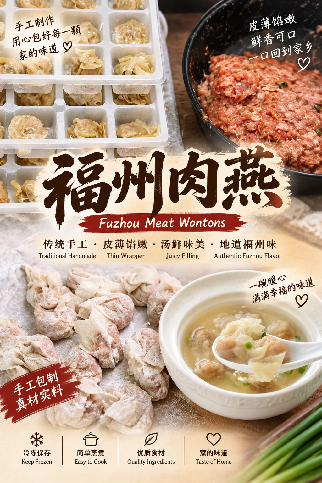 福州肉燕 50个/份 Fuzhou Meat Wontons 传统手工•皮薄馅嫩 •汤鲜味美•地道福州味 Traditional Handmade Thin