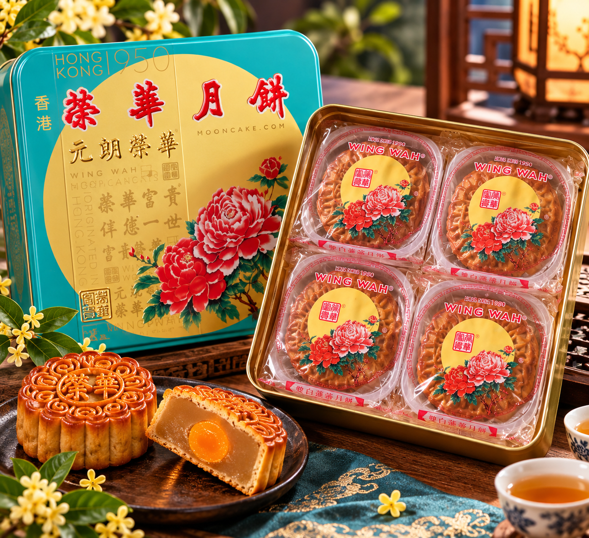 老字号品牌香港荣华 Wing Wah「四喜满堂」月饼，4枚装，净重740g / 26oz。优惠价含3盒月饼再送1袋价值$128的半磅顶级羊肚菌 (Copy)